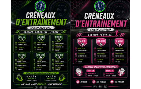 Créneaux d'entraînement 2026-2027 :